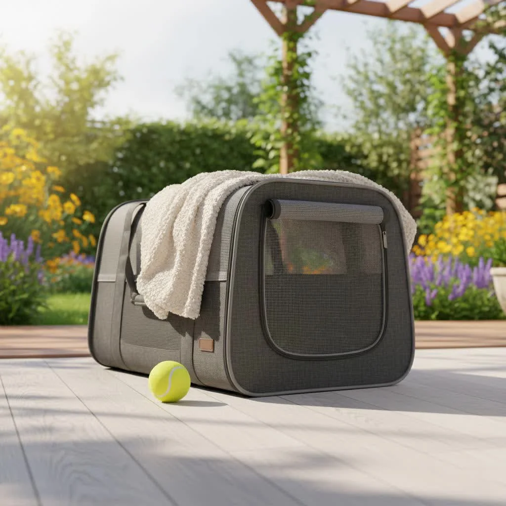 Small dog in a soft-sided pet carrier under an airplane seat