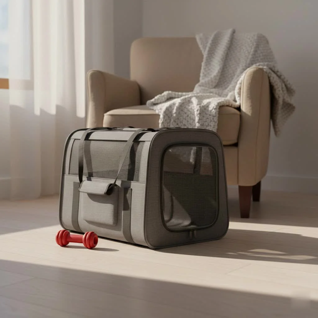Small dog peeking out of a soft-sided carry-on pet carrier